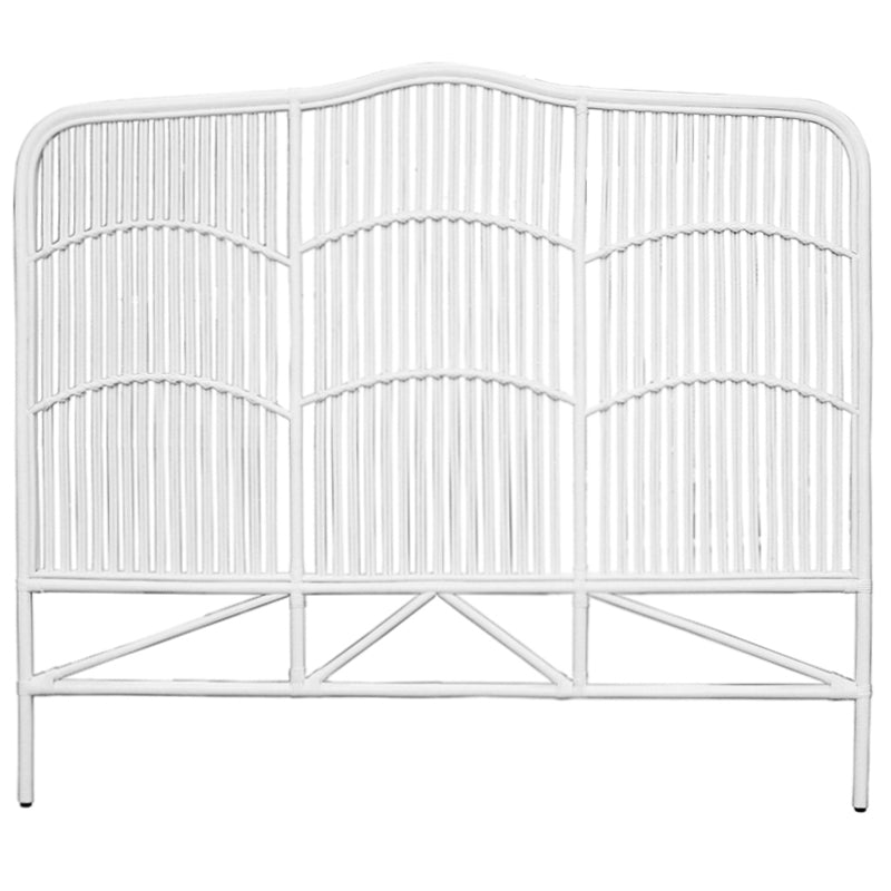 Denver Headboard Super King White. Handcrafted queen rattan headboard with white vertical bar panelling and natural fibre accents.