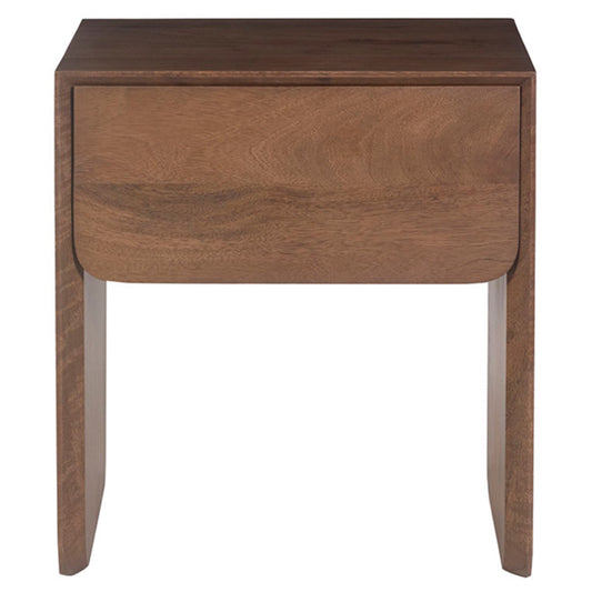 The Oslo Side Table has a single drawer, curved edge finish and mango wood frame in the colour walnut.