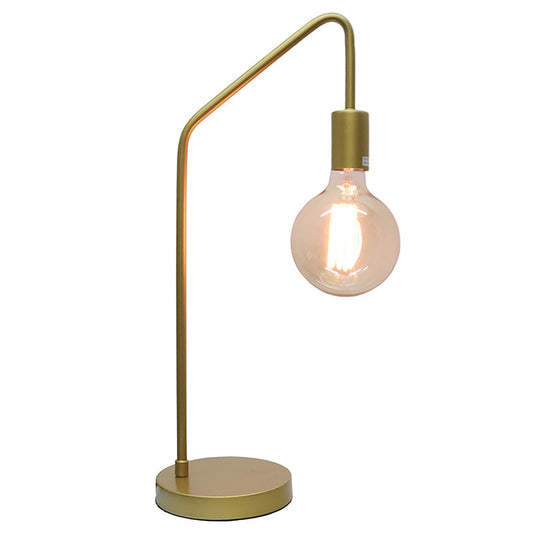Arc framed table lamp in gold iron with exposed bulb.