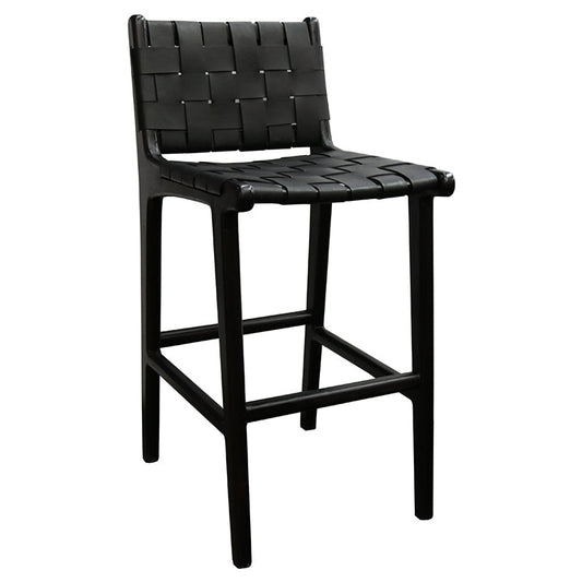 Woven black leather barstool with natural stained black teak frame.