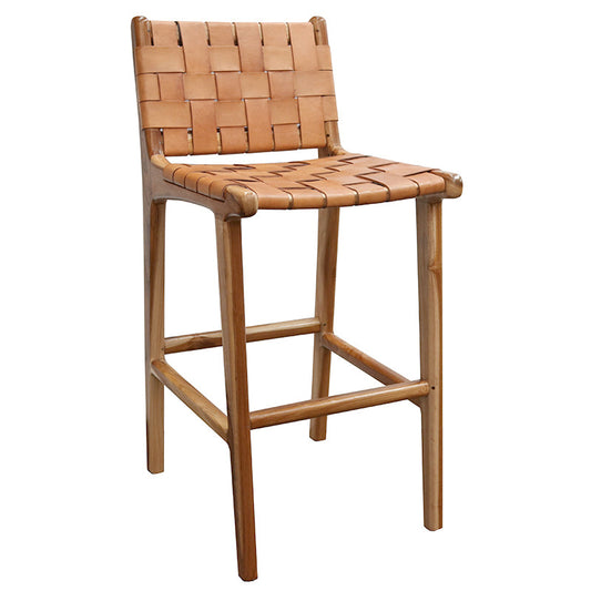 Woven tan leather barstool with natural teak frame.
