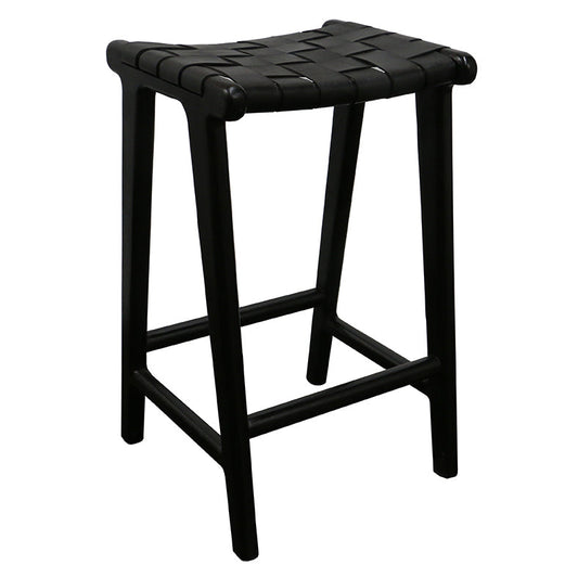 Woven black leather barstool with natural stained black teak frame.