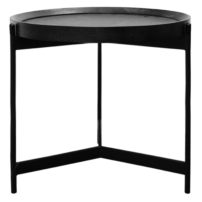 Black oak tray style side table with tri-leg iron base.