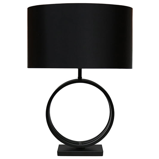 Table Lamp with black circular geometric base and classic black oval shade in satin finish.